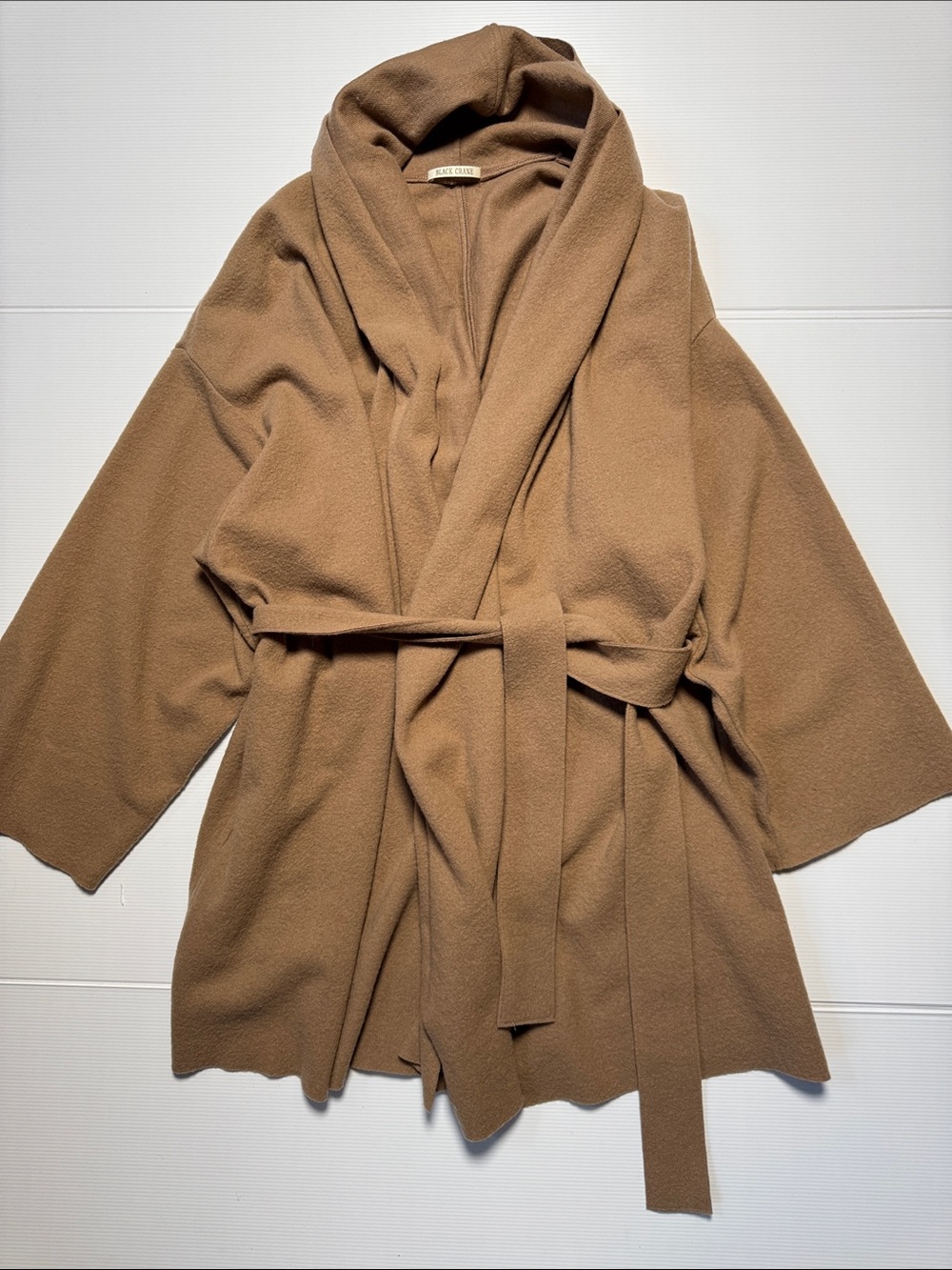 BLACK CRANE Wool Camel Tan Wrap-Front Shawl Collar Cardigan Robe Jacket Flaws SM